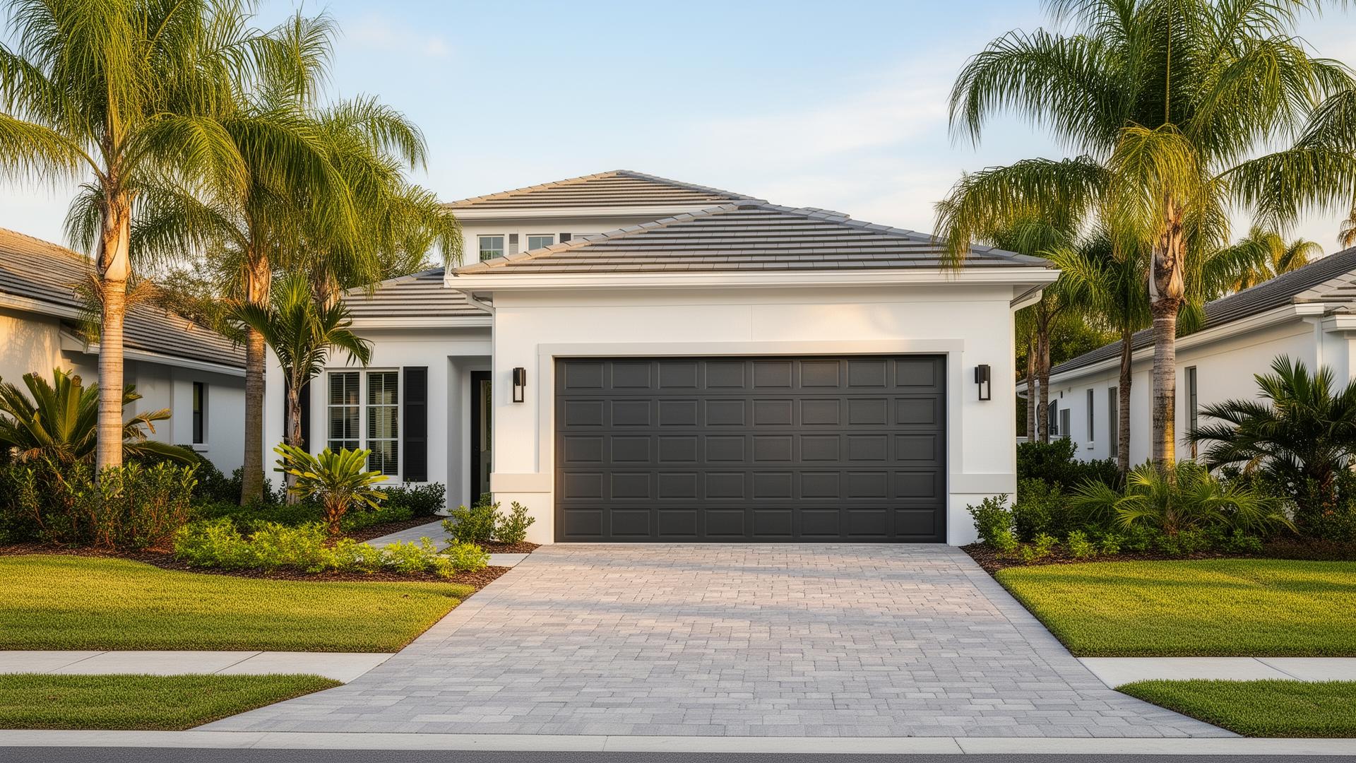 Beautiful residential home with a modern garage door in a Florida neighborhood