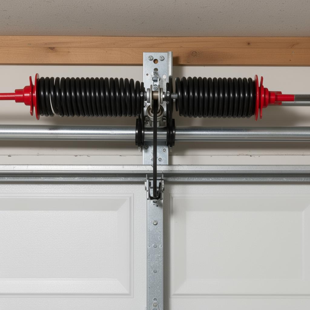 Close-up of garage door spring mechanism being repaired